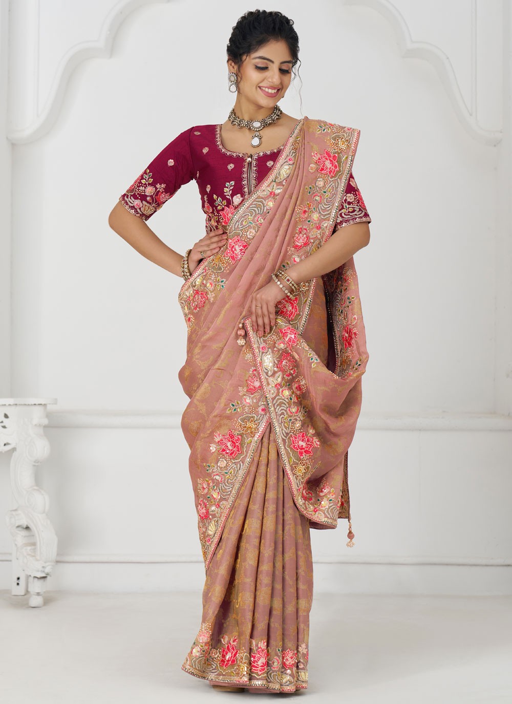 Embroidered Pure Dola Peach Designer Saree S15643