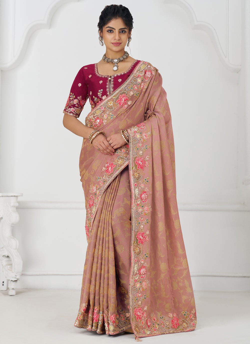Embroidered Pure Dola Peach Designer Saree S15643