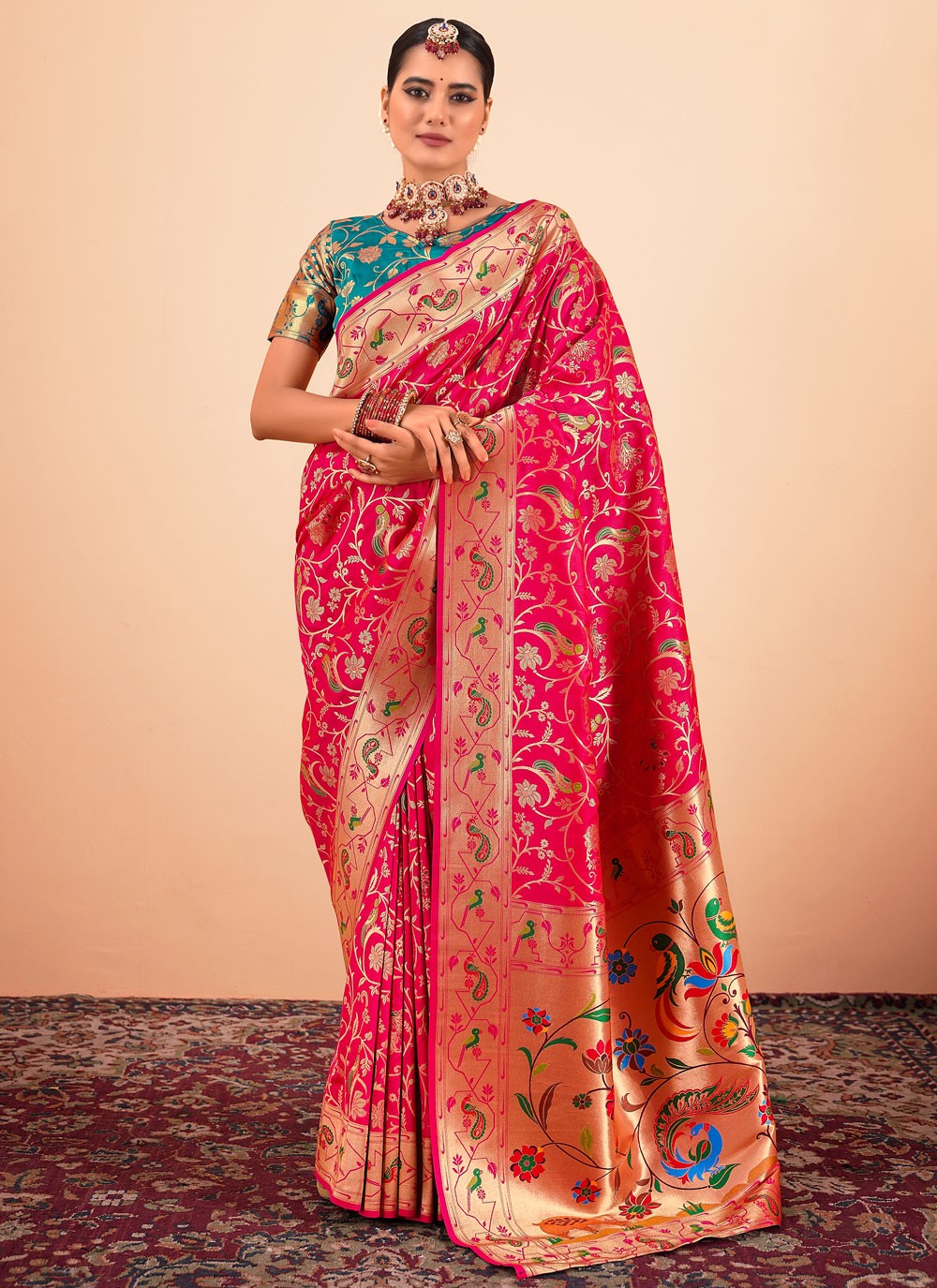 Classic Saree Border Work Hot Pink Paithni Saree S13310