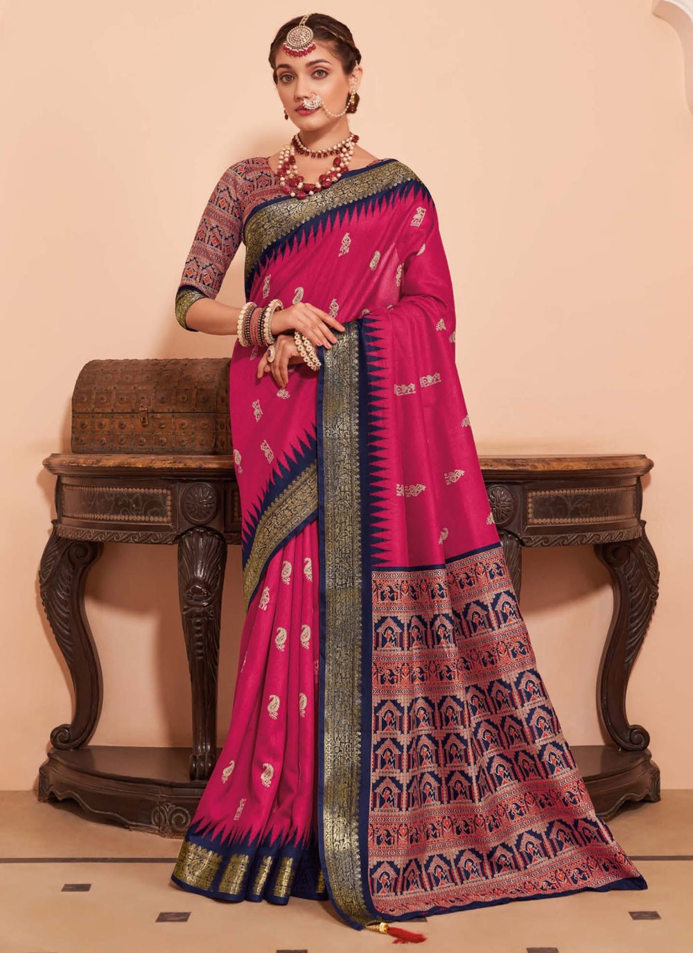Traditional Weaving Zari Hot Pink Silk Saree S12799