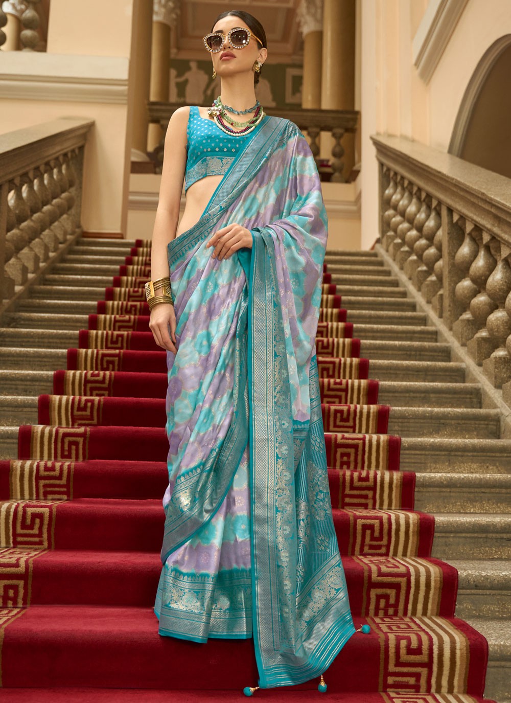 Firozi Satin Classic Saree Printed, Weaving Zari S18285