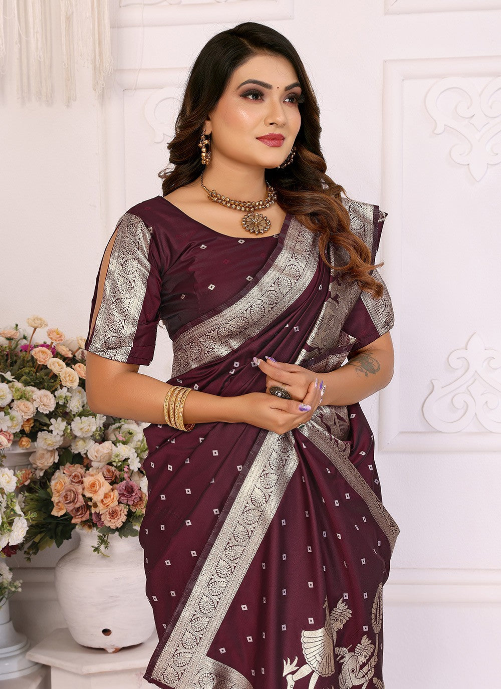 Weaving Zari Silk Brown Saree S14714