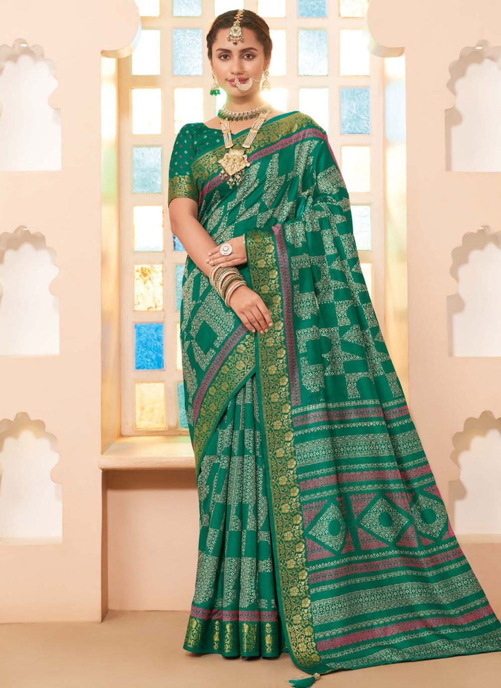 Classic Saree Geometric Print Green, Teal Silk S12796