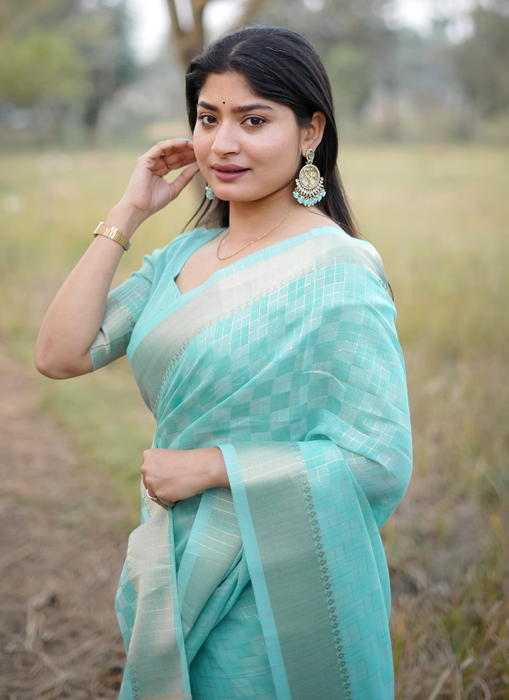 Weaving Zari Silk Aqua Blue Saree S14795