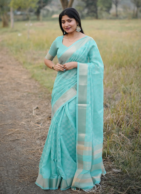 Weaving Zari Silk Aqua Blue Saree S14795