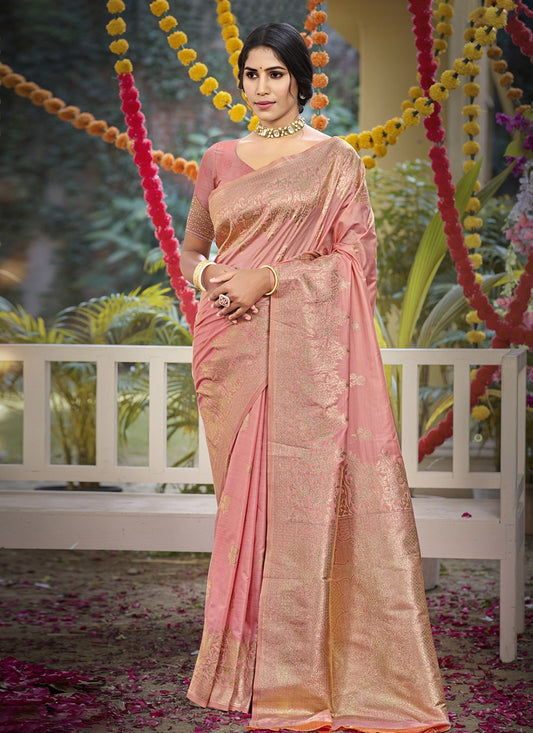 Weaving Zari Silk Pink Saree S14575