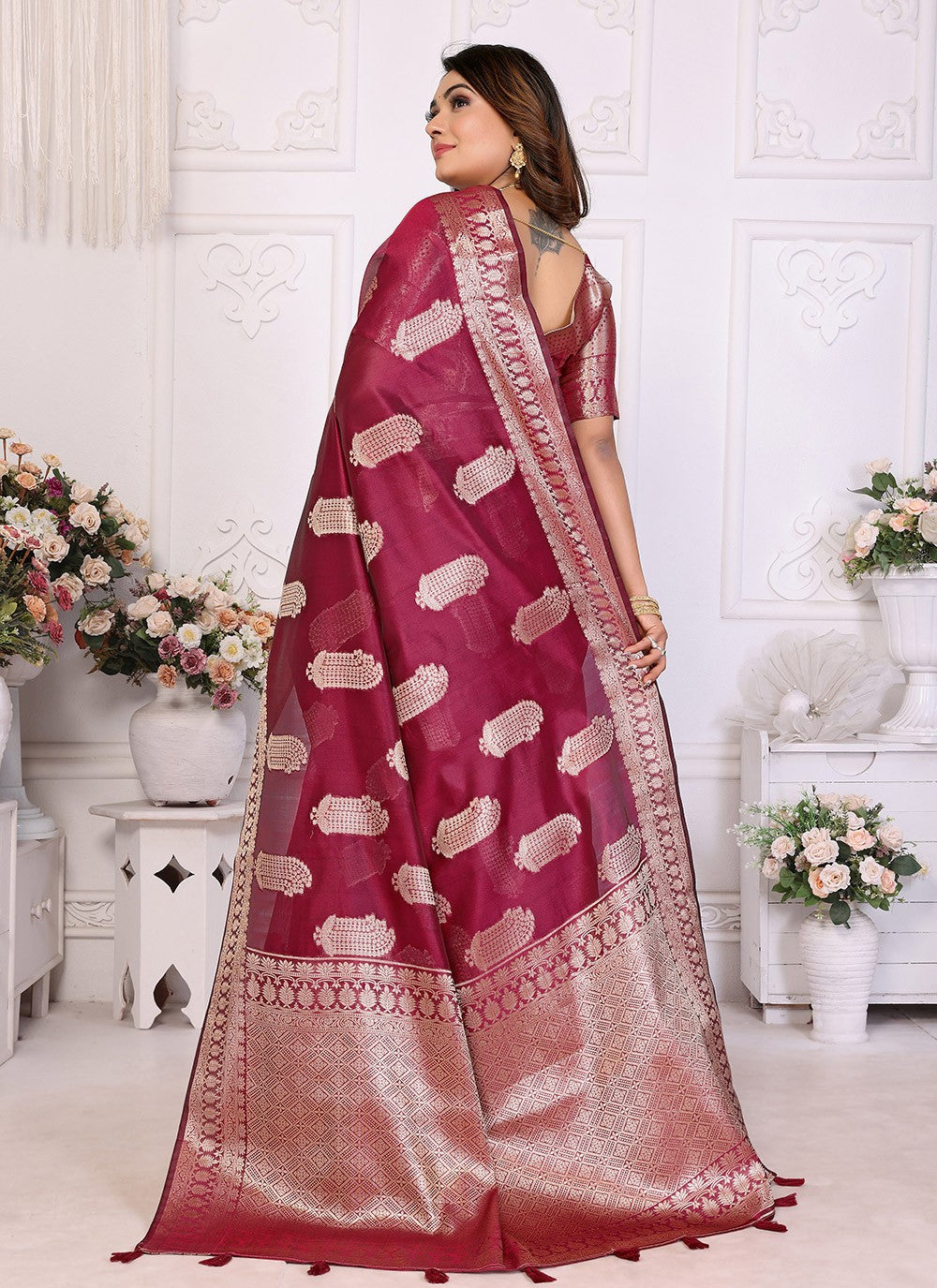Weaving Zari Silk Burgundy Saree S14349