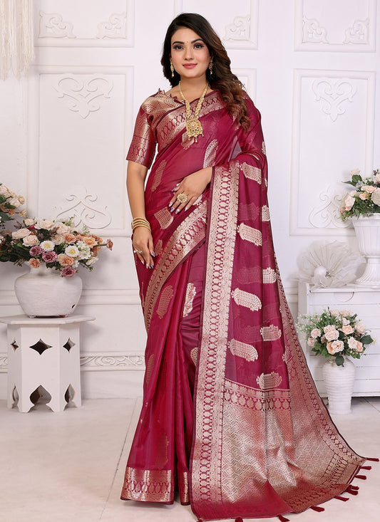 Weaving Zari Silk Burgundy Saree S14349