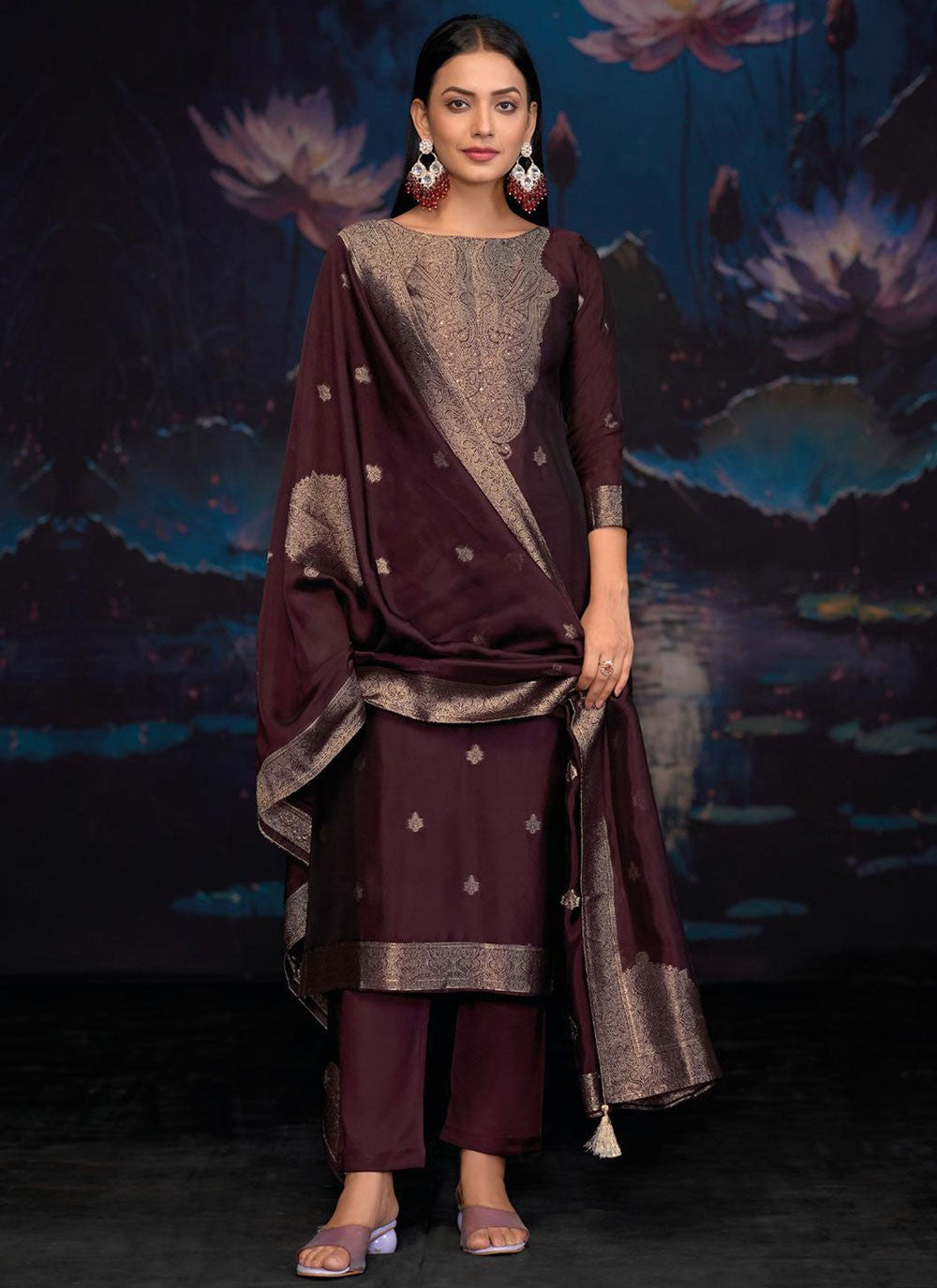 Weaving Zari Silk Wine Pant Style Suit T6572