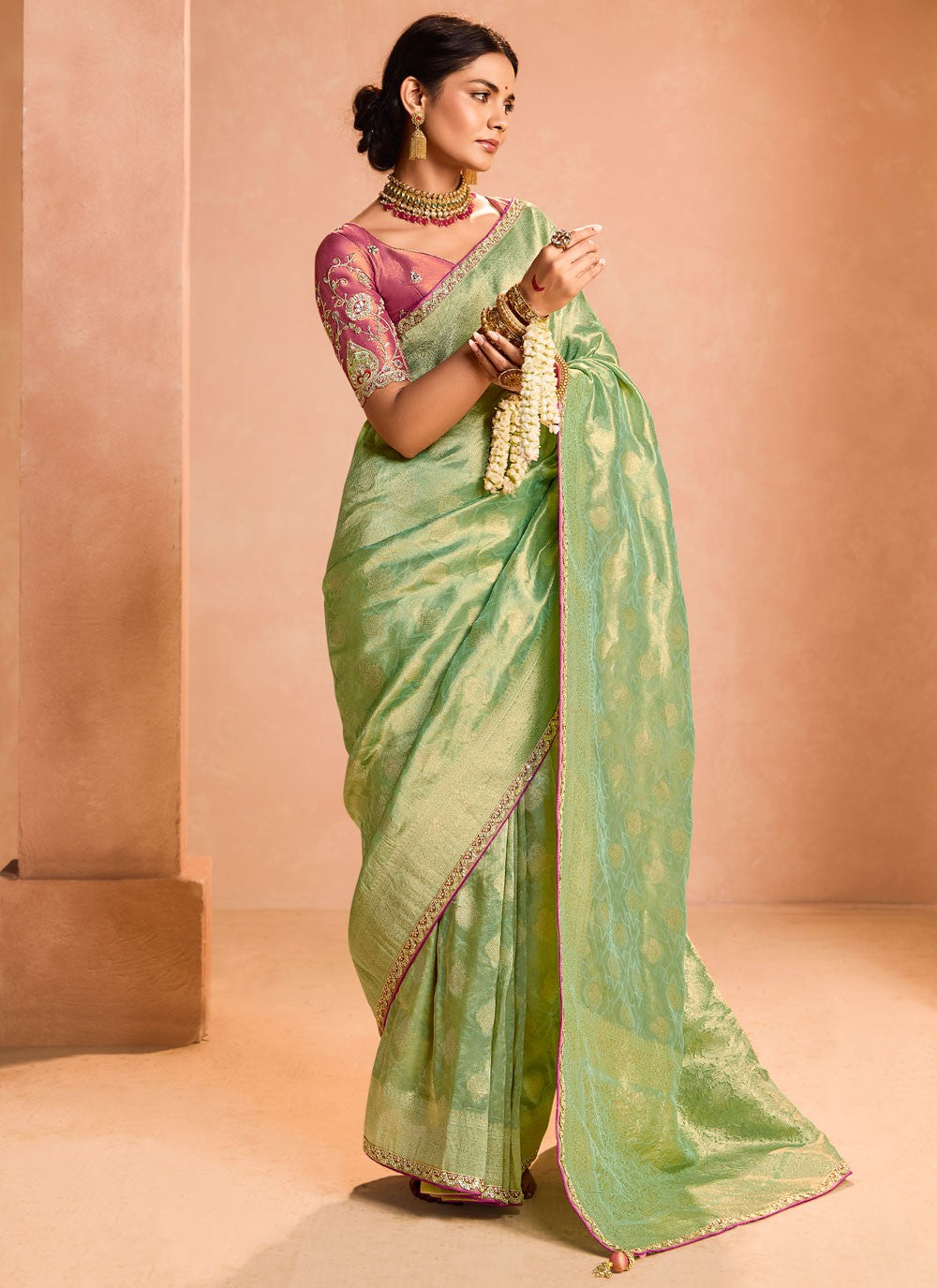 Designer Embroidered Green Silk Saree S12840
