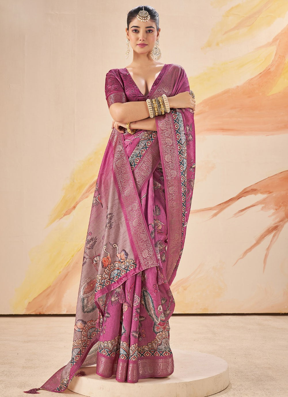 Fuchsia Silk Classic Saree Printed, Weaving Zari S19096