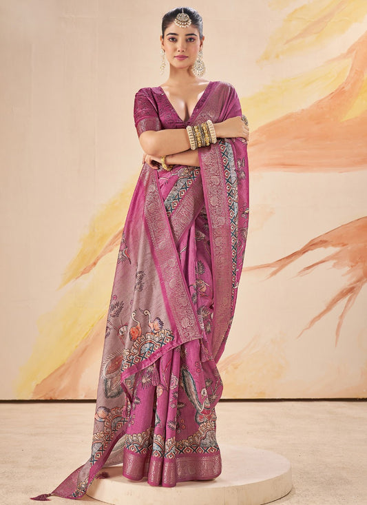Fuchsia Silk Classic Saree Printed, Weaving Zari S19096