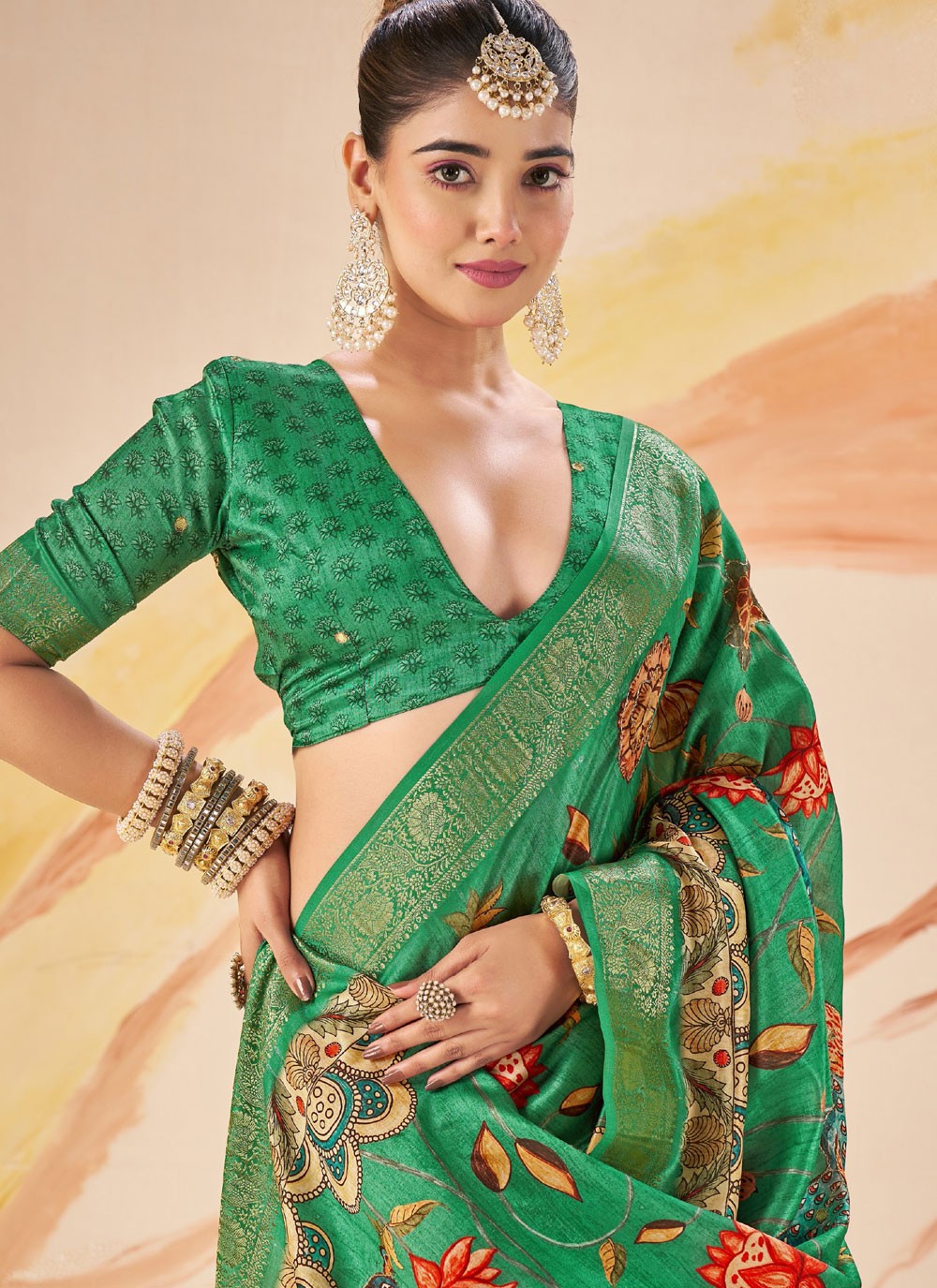 Green Silk Classic Saree Printed, Weaving Zari S19101
