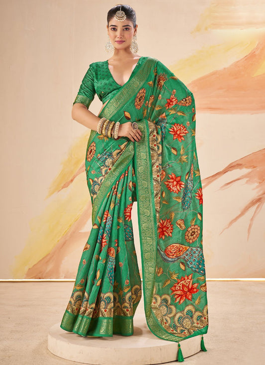 Green Silk Classic Saree Printed, Weaving Zari S19101