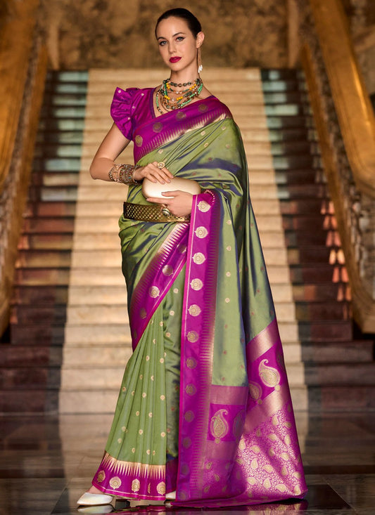 Weaving Zari Silk Green Contemporary Saree S14857