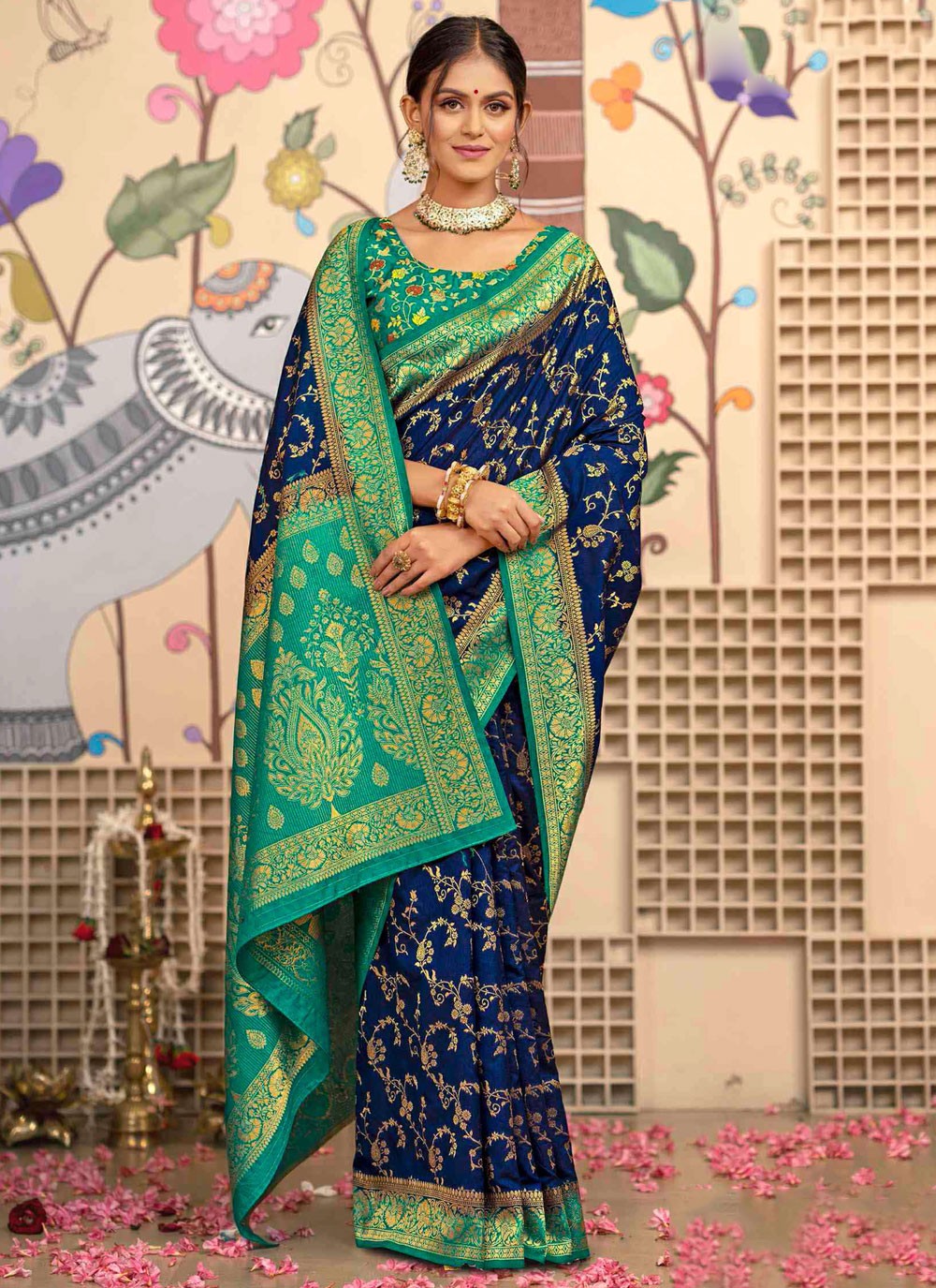 Navy Blue Silk Contemporary Saree Weaving Zari S20389