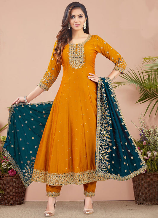 Anarkali Weaving Zari Mustard Silk T5224