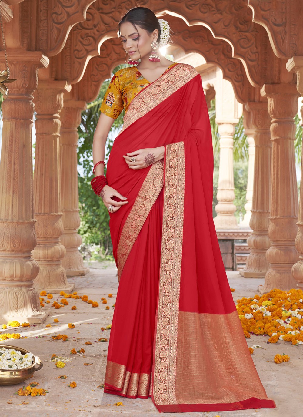 Red Silk Traditional Saree Weaving Zari S20425
