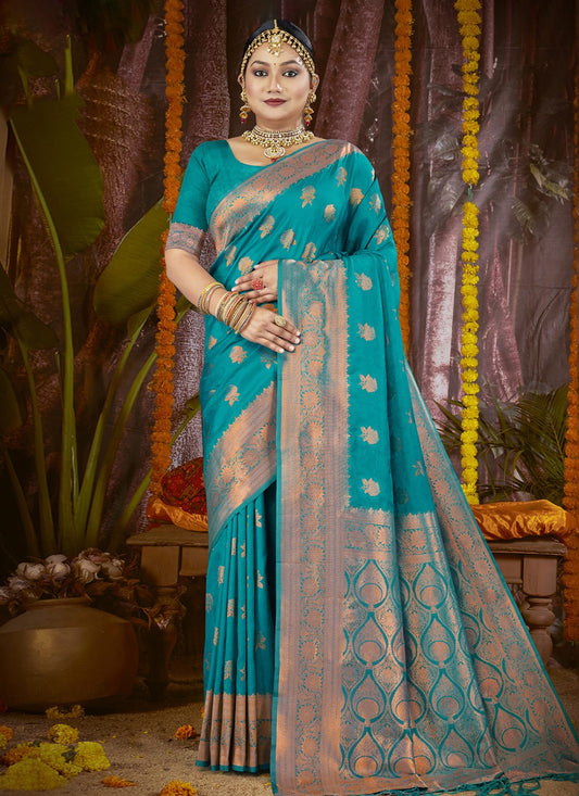 Weaving Zari Silk Teal Saree S14613