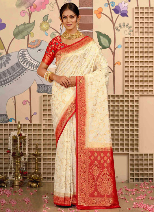 Cream Silk Traditional Saree Weaving Zari S20396