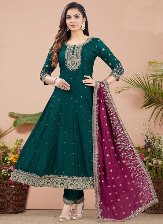 Salwar Suit Weaving Zari Green Silk T5225