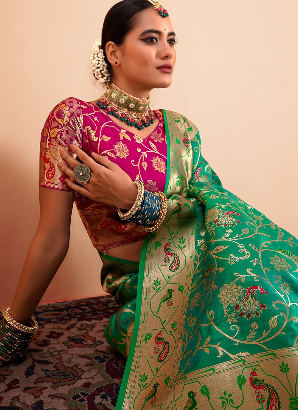 Trendy Saree Border Work Green Paithni Saree S13309