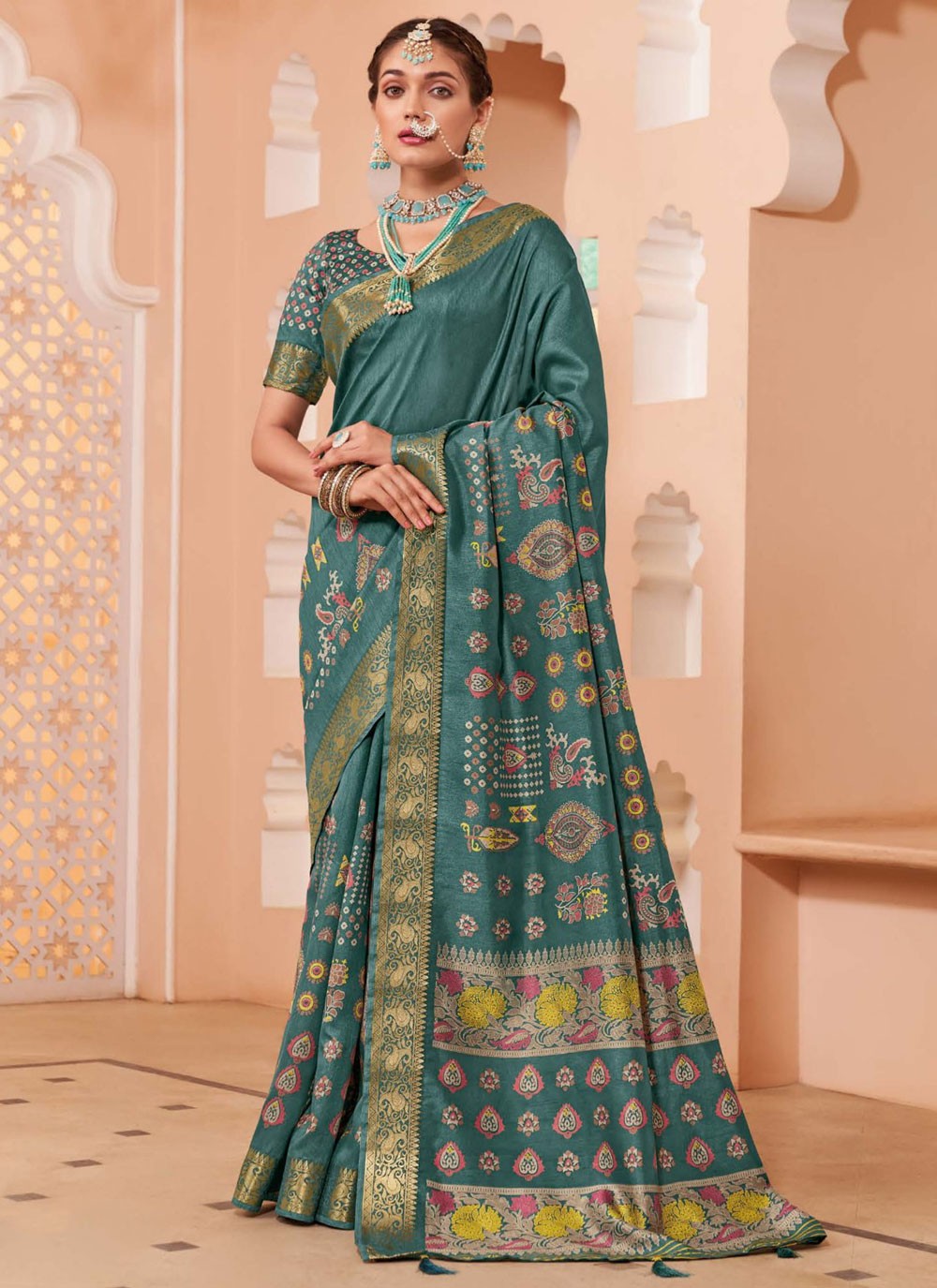 Trendy Saree Paisley Printed Blue, Grey Silk S12800
