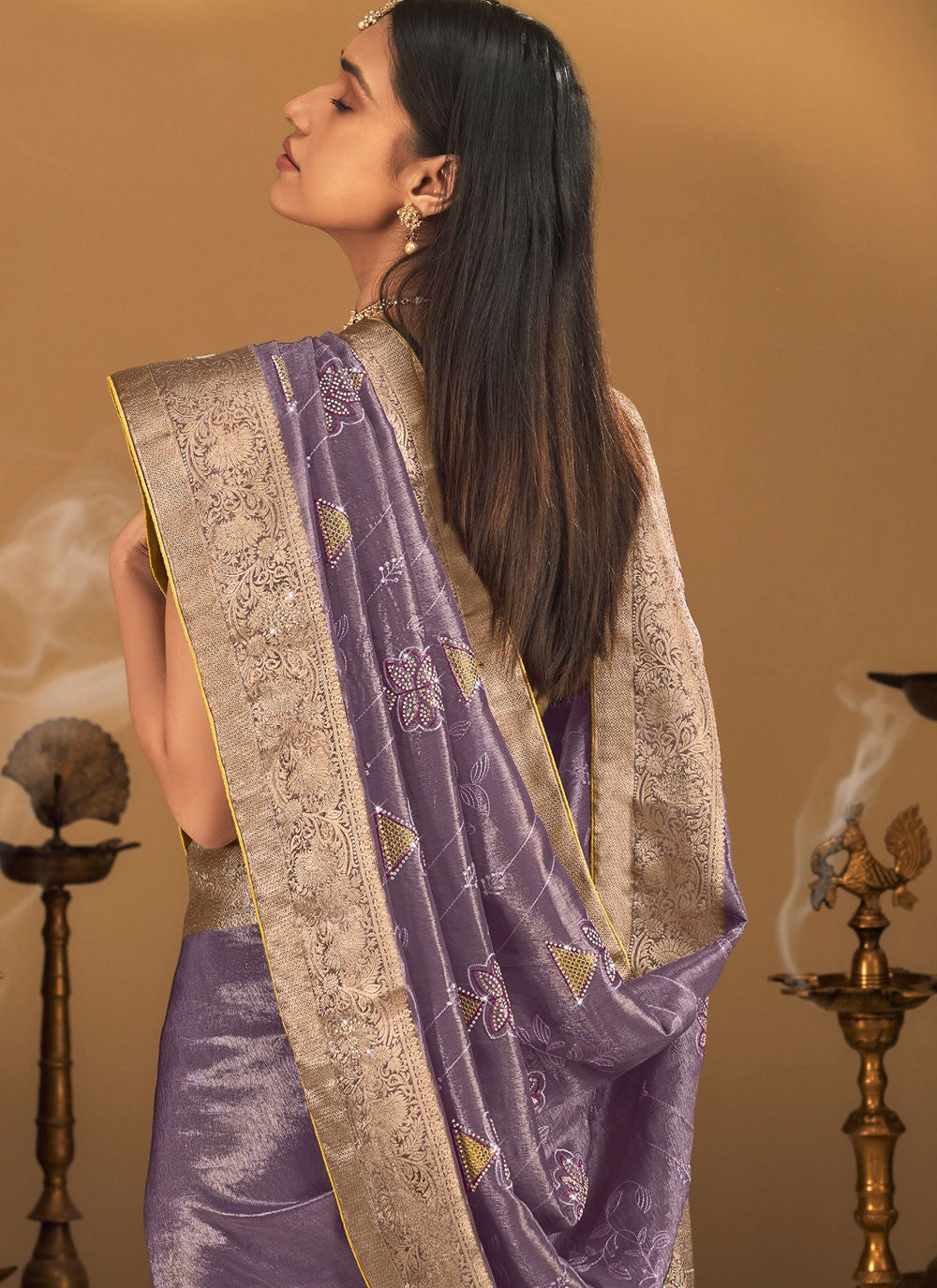 Purple Silk Trendy Saree Embroidered, Fancy Work, Stones, Swarovski, Weaving Zari, Zari S19459