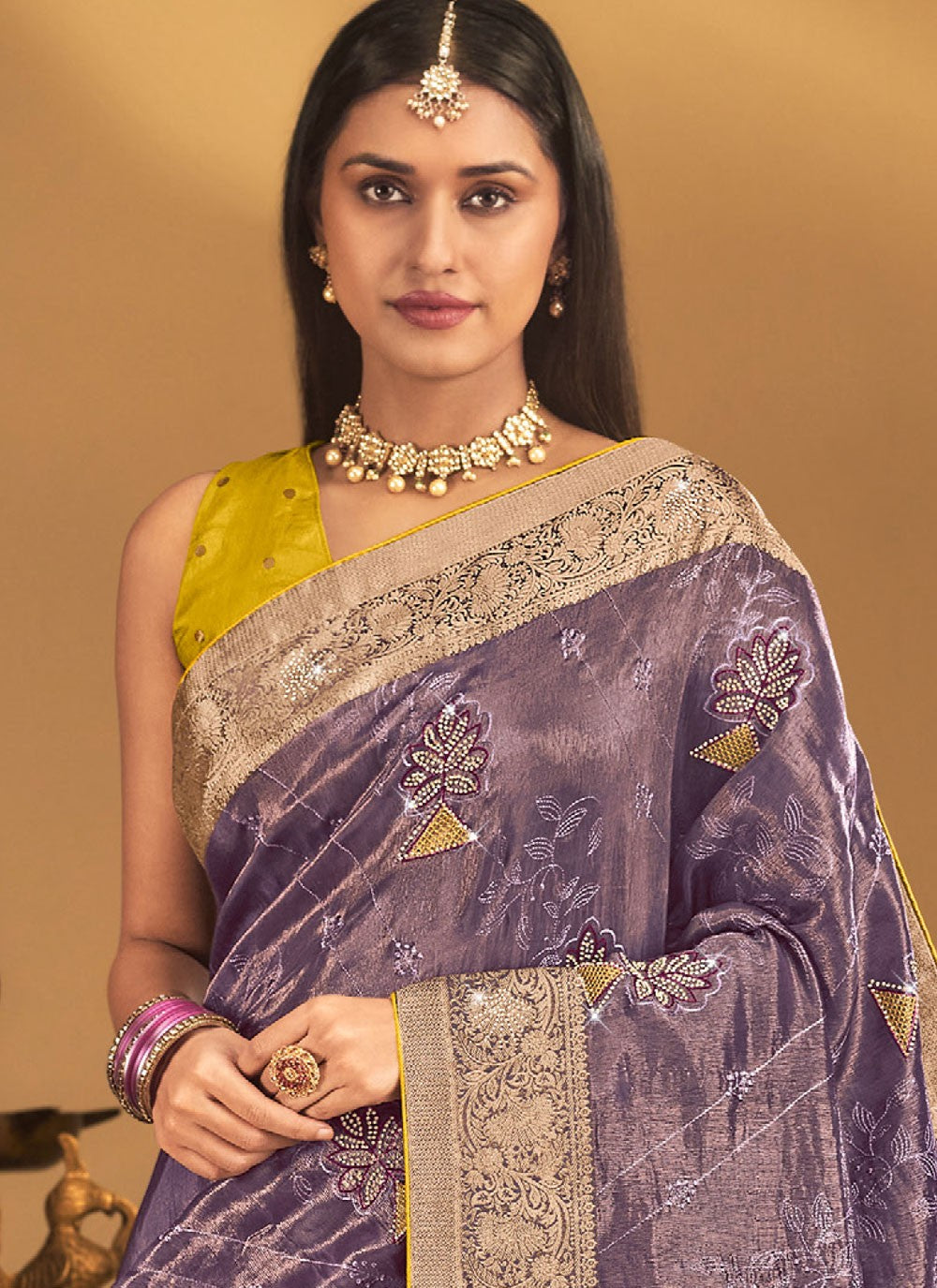 Purple Silk Trendy Saree Embroidered, Fancy Work, Stones, Swarovski, Weaving Zari, Zari S19459