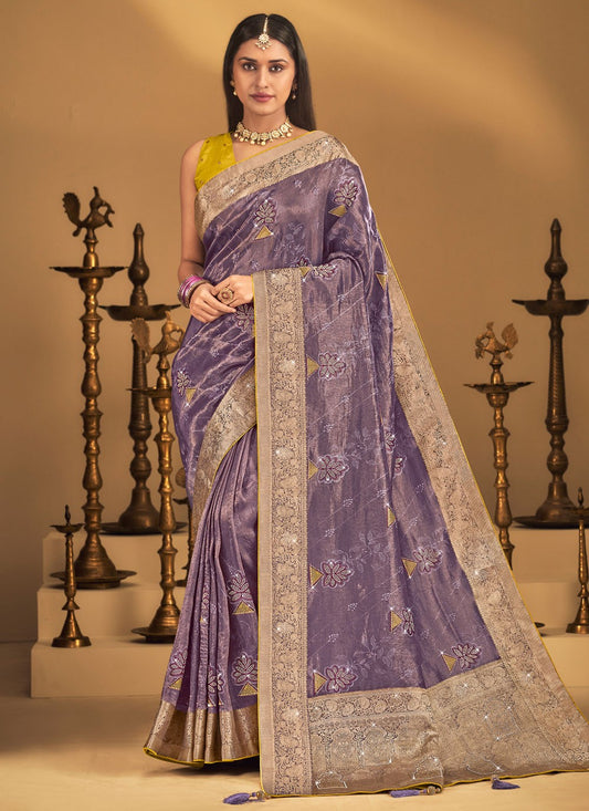 Purple Silk Trendy Saree Embroidered, Fancy Work, Stones, Swarovski, Weaving Zari, Zari S19459
