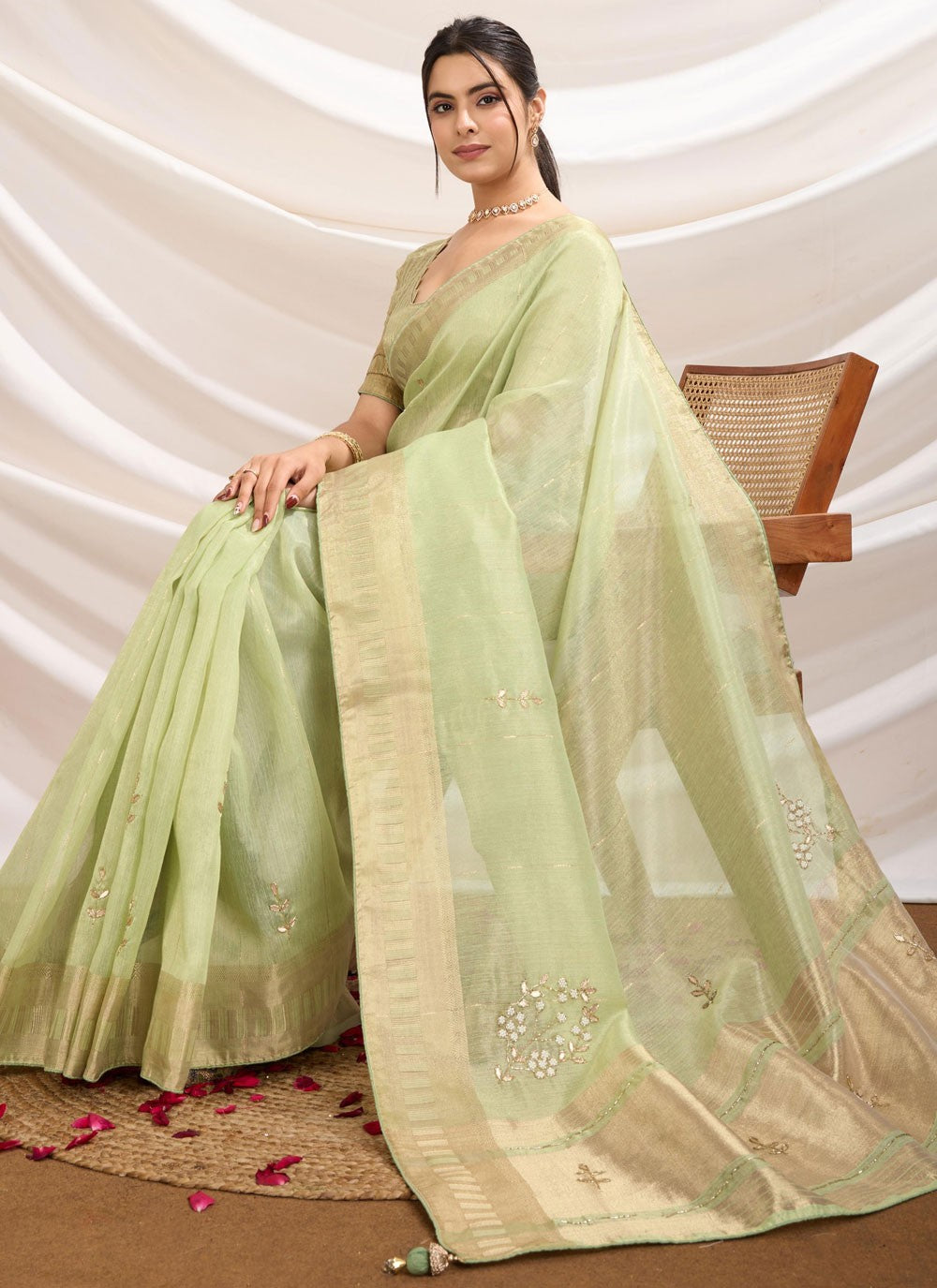 Embroidered Linen Green Designer Saree S14849