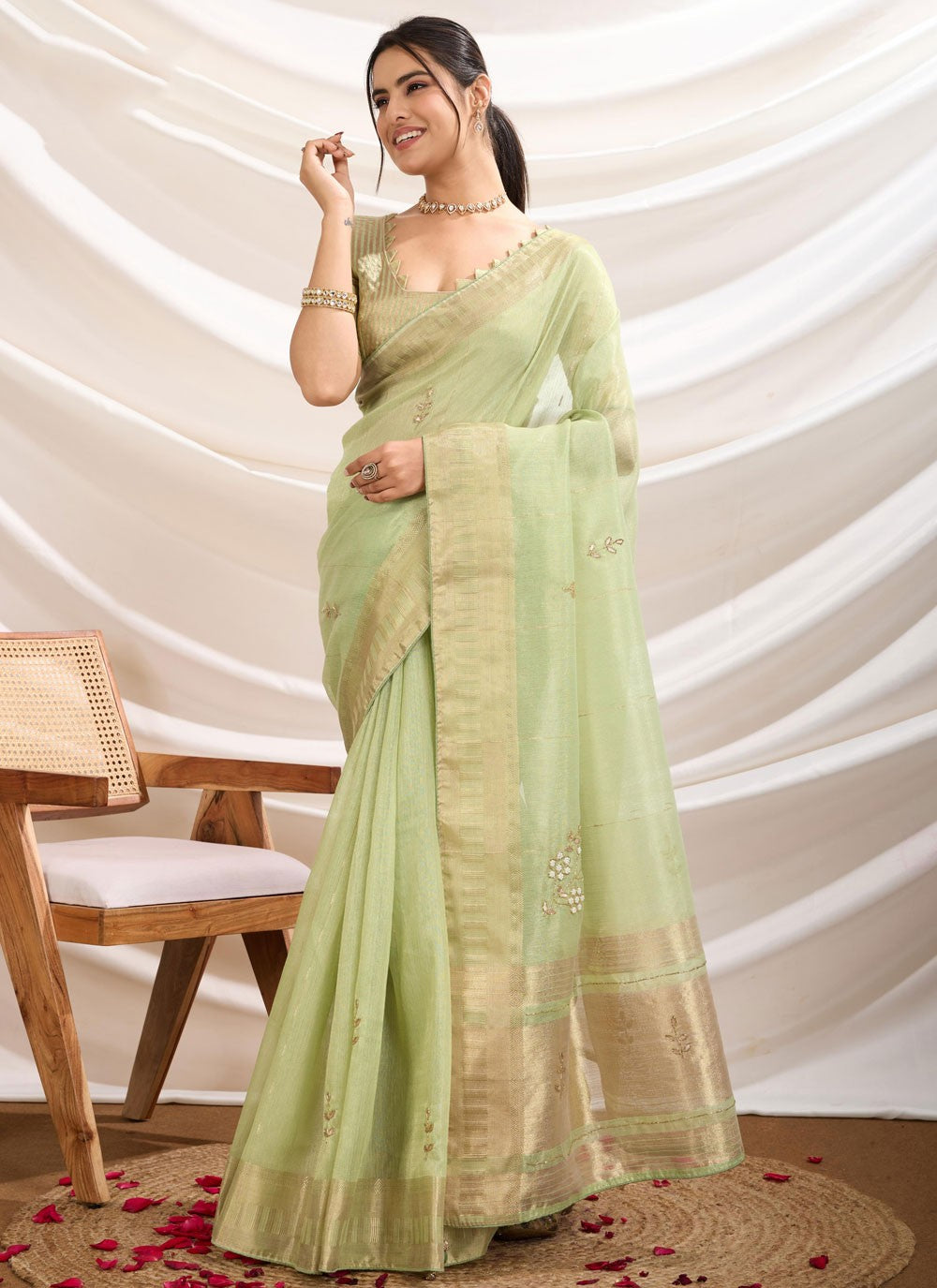 Embroidered Linen Green Designer Saree S14849