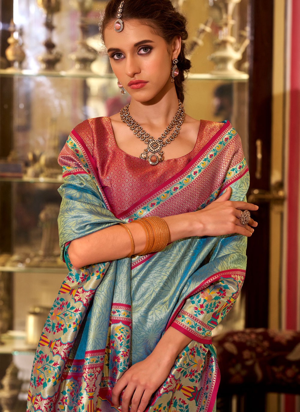 Weaving Zari Silk Firozi Traditional Saree S15570
