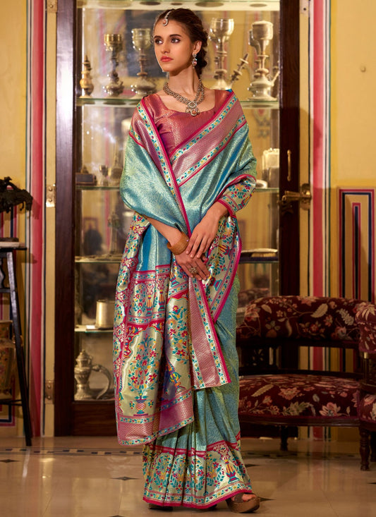 Weaving Zari Silk Firozi Traditional Saree S15570