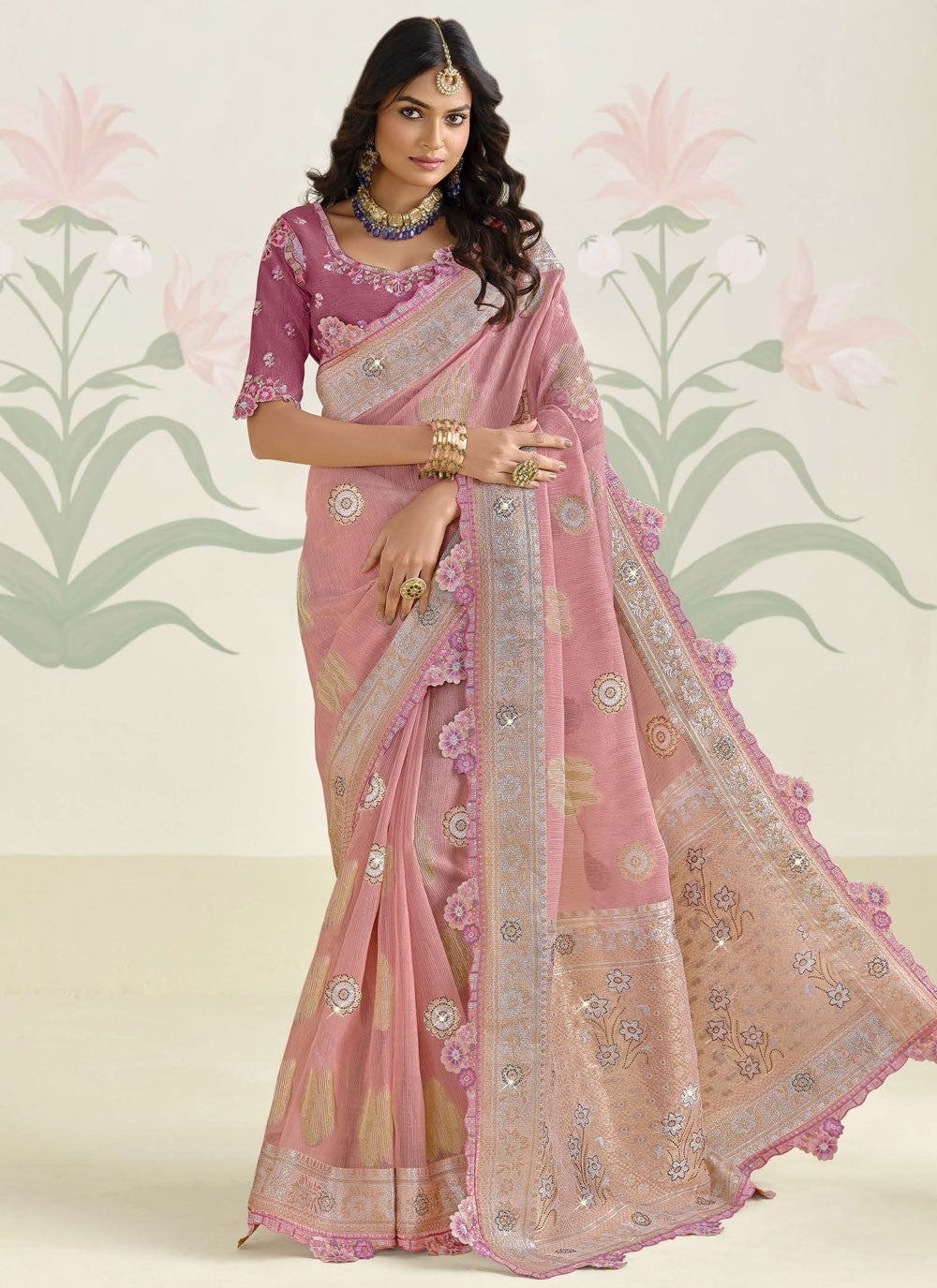 Traditional Weaving Zari Peach Silk Saree S13015