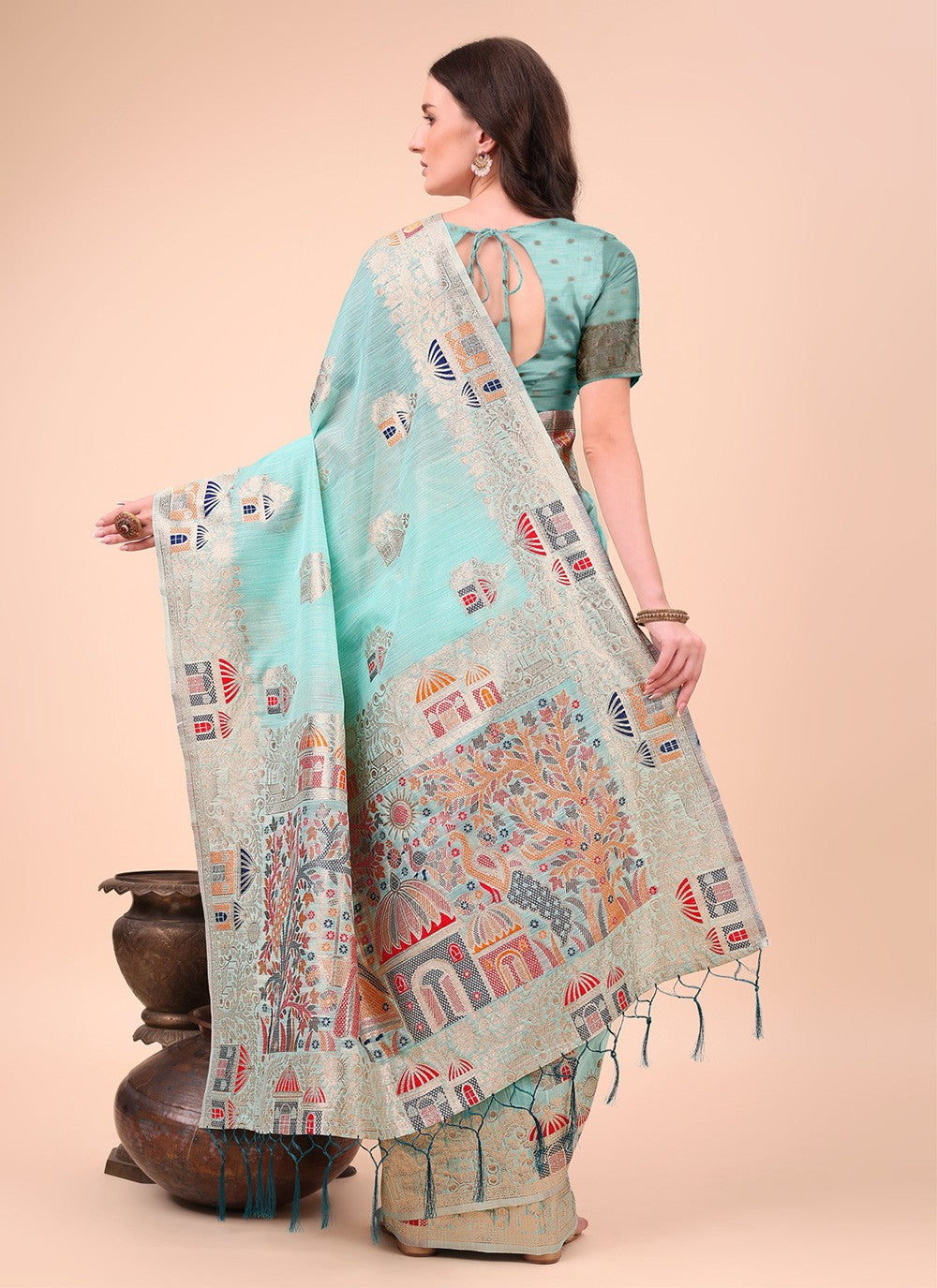 Weaving Zari Cotton Aqua Blue Trendy Saree S15113