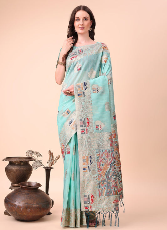 Weaving Zari Cotton Aqua Blue Trendy Saree S15113