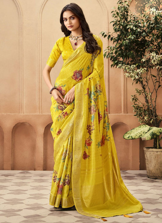 Yellow Silk Trendy Saree Printed, Weaving Zari S16297