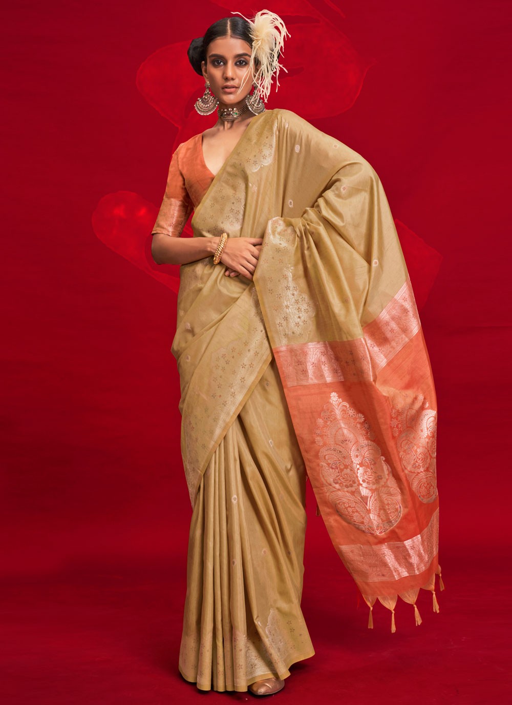 Traditional Weaving Zari Khaki Tussar Silk S12987