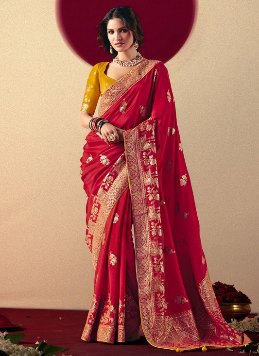 Hot Pink Viscose Designer Saree Weaving Zari S19421