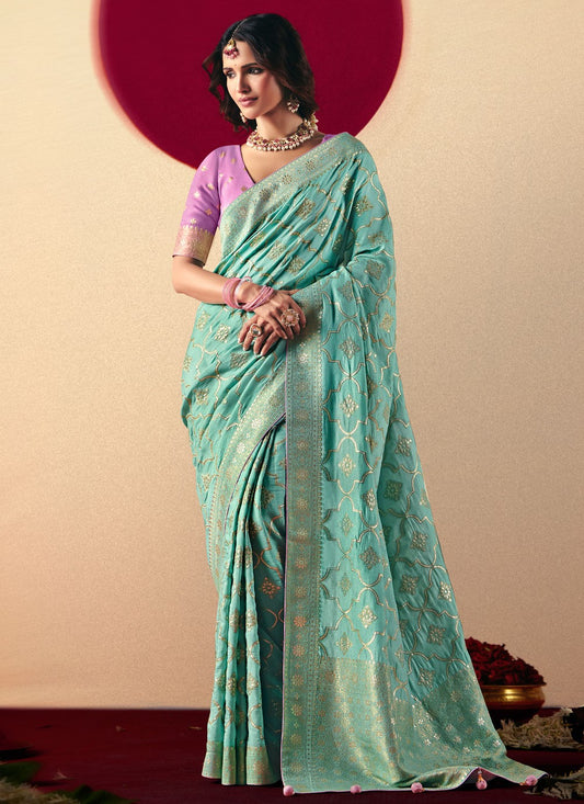 Aqua Blue Viscose Trendy Saree Weaving Zari S19420