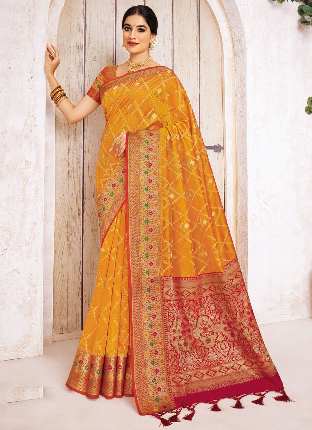 Contemporary Weaving Zari Yellow Silk Saree S13489