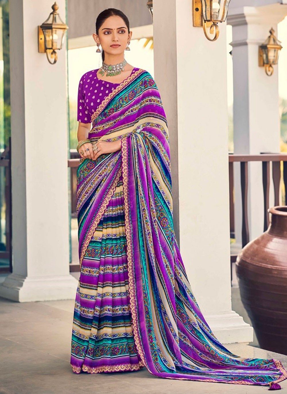 Border Work Weight Less Purple Contemporary Saree S15394