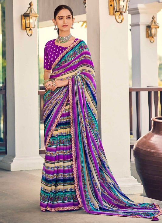 Border Work Weight Less Purple Contemporary Saree S15394