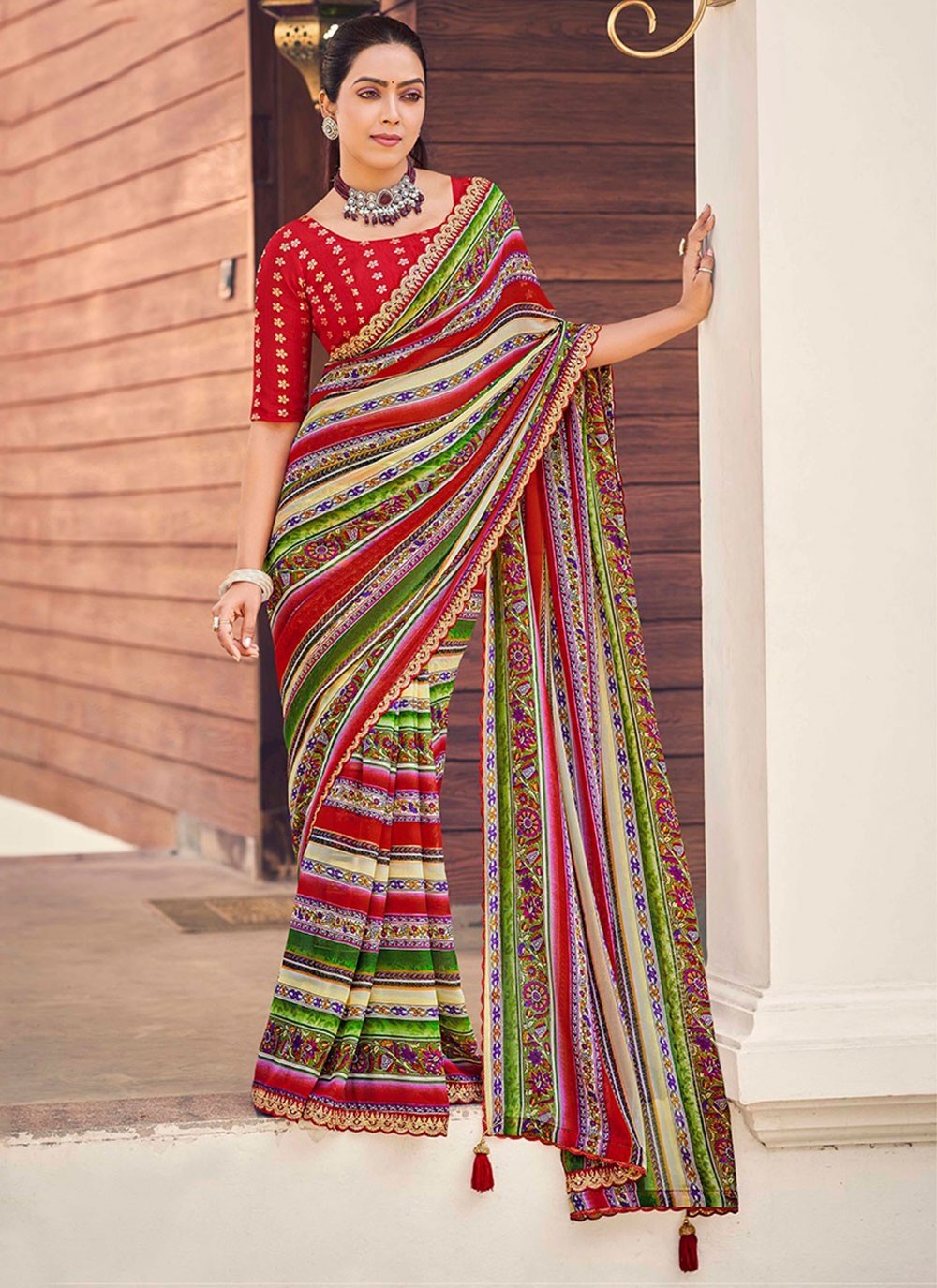 Border Work Weight Less Red Trendy Saree S15397