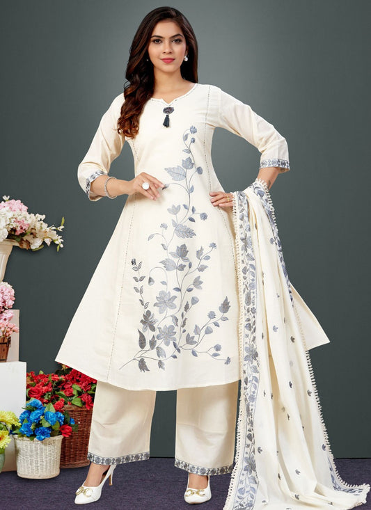 Pant Style Suit Embroidered, Floral Printed White T8396