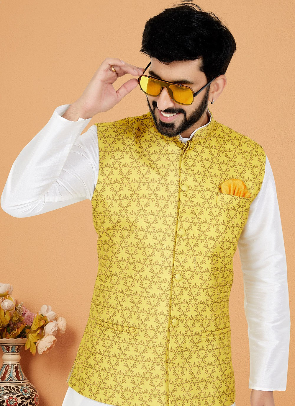 Digital Print Cotton , Dupion Silk White, Yellow Kurta Payjama With Jacket - M5521