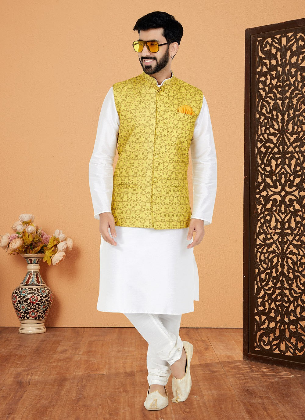 Digital Print Cotton , Dupion Silk White, Yellow Kurta Payjama With Jacket - M5521