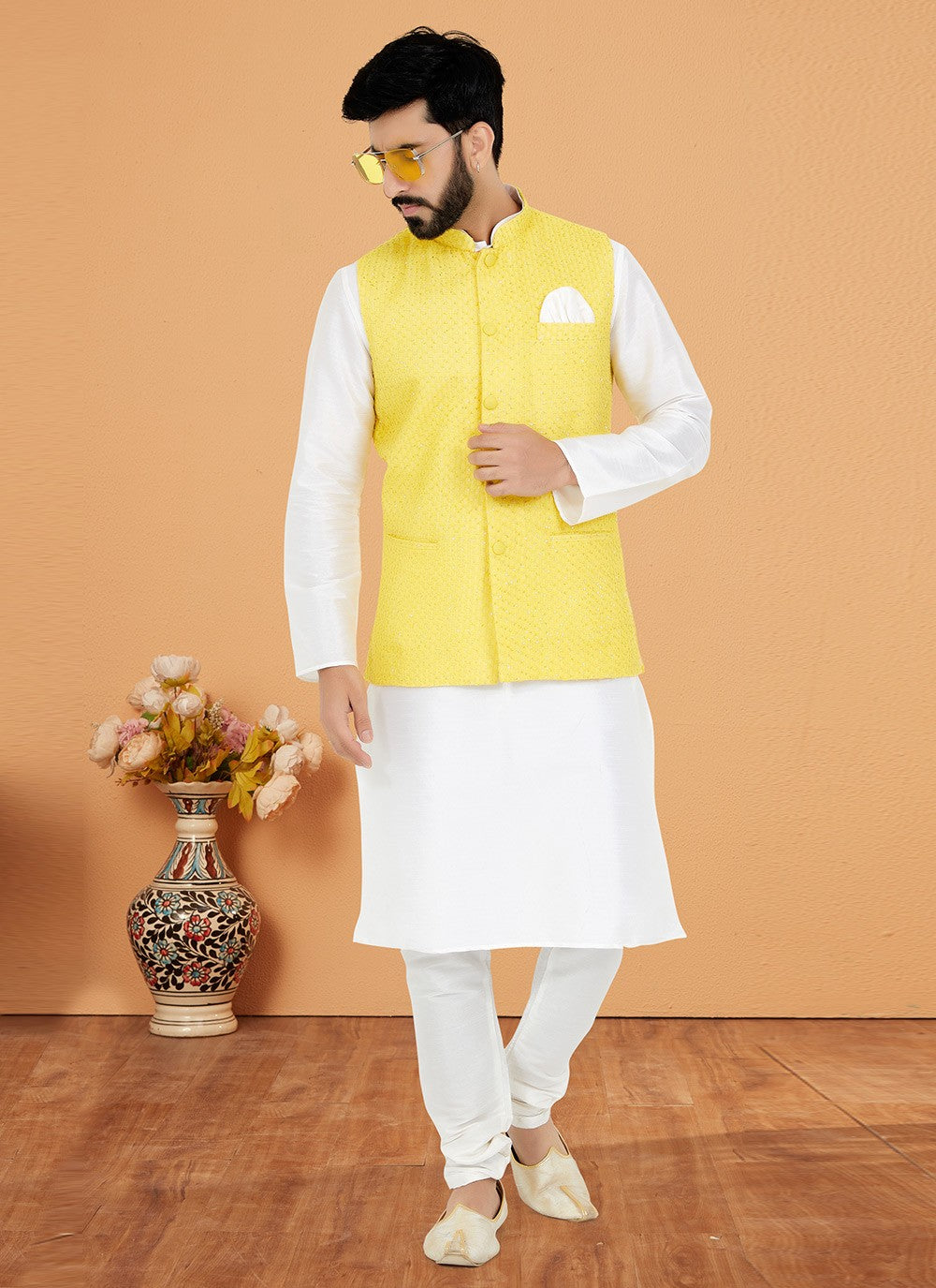 Resham Thread Work Dupion Silk White, Yellow Kurta Payjama With Jacket - M5469