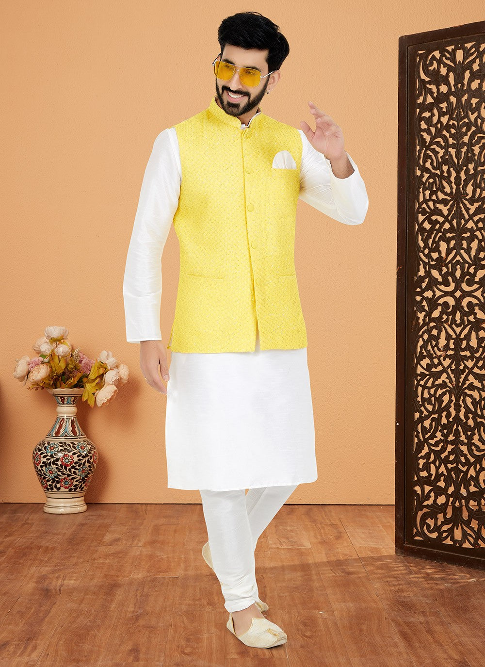 Resham Thread Work Dupion Silk White, Yellow Kurta Payjama With Jacket - M5469
